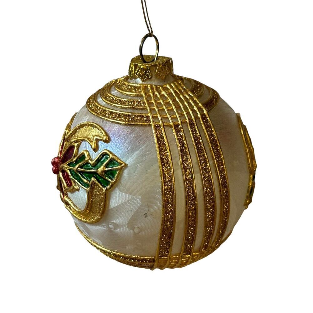 SATIN Poinsettia BALL EUROPEAN BLOWN GLASS CHRISTMAS ORNAMENT Gold Foil - Picture 5 of 6